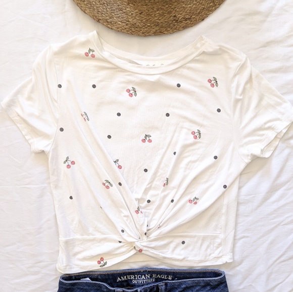 gaze Tops - Cherry and polka white crop top